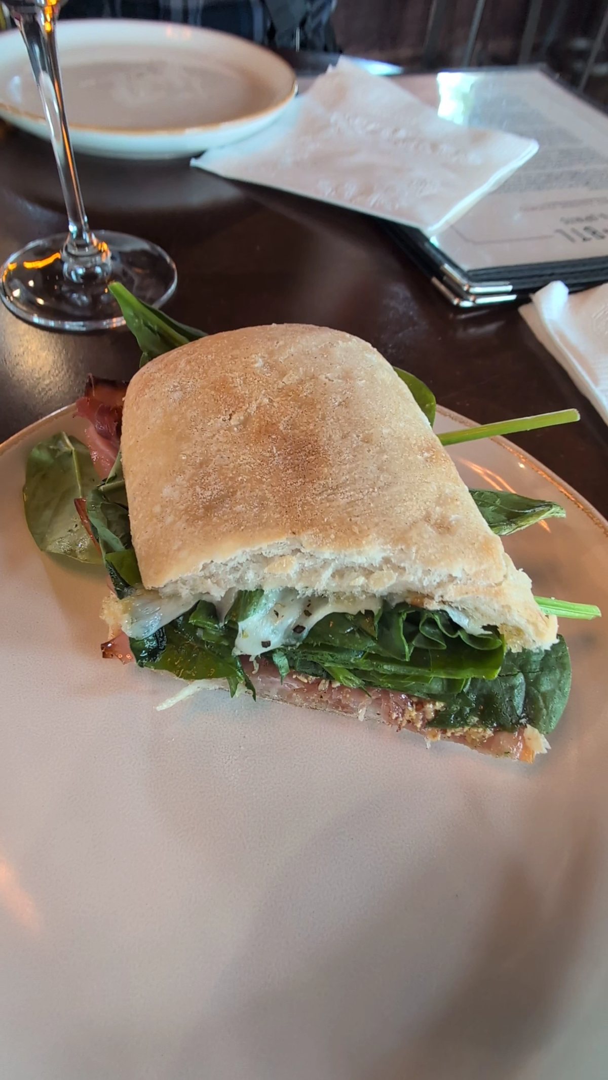 The Open BTL mortadella sandwich on ciabatta with greens