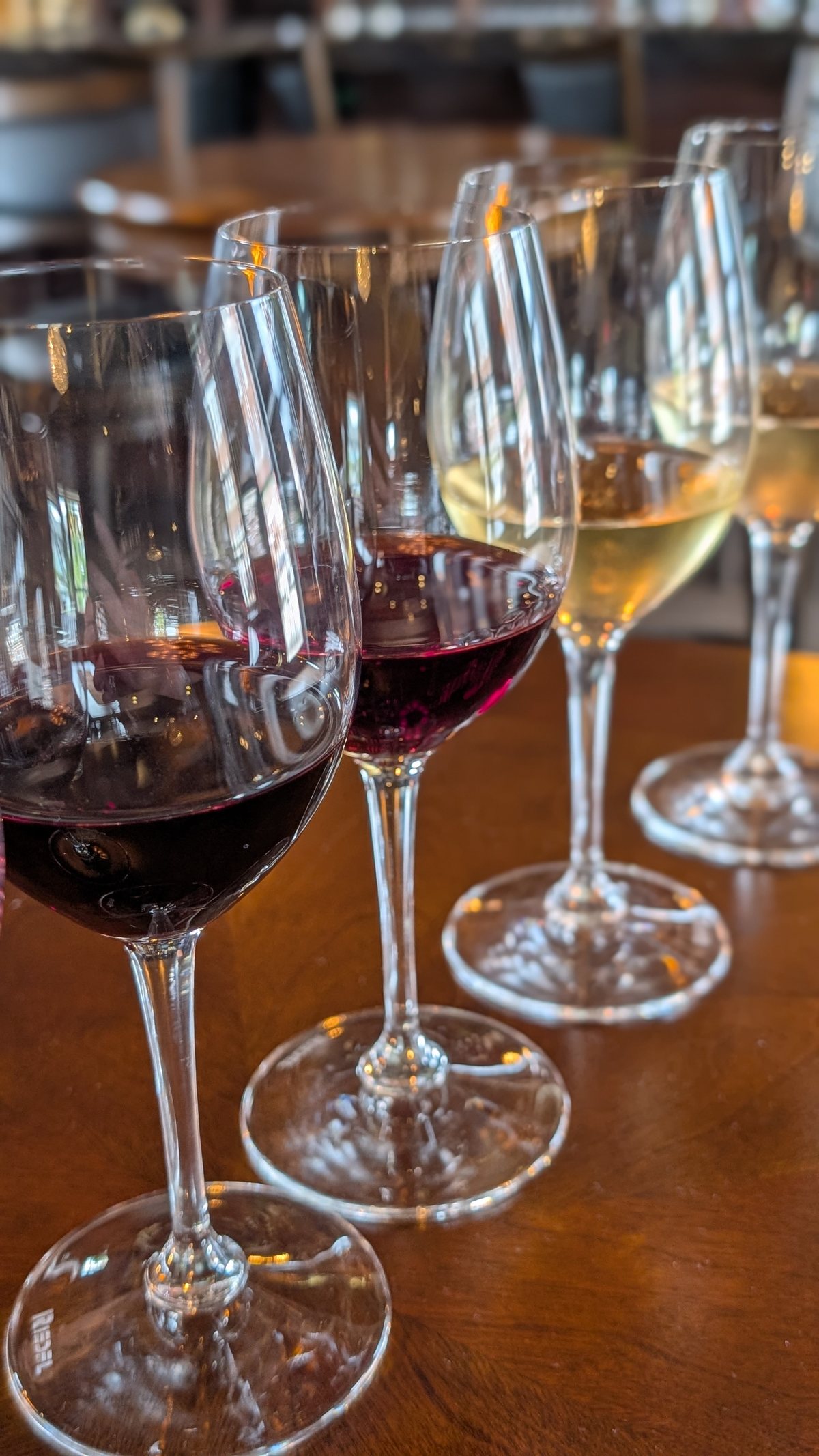 A flight of red and white wines lined up on the Open BTL bar